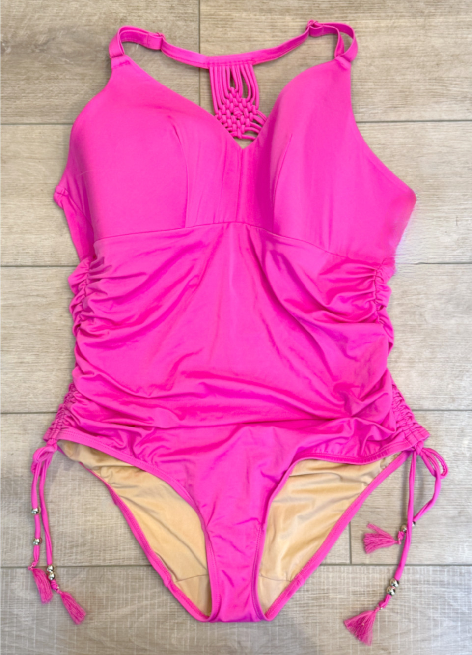 CACIQUE LANE BRYANT CONFETTI NEON PINK NO WIRE MACRAME ONE PIECE SWIMSUIT 16